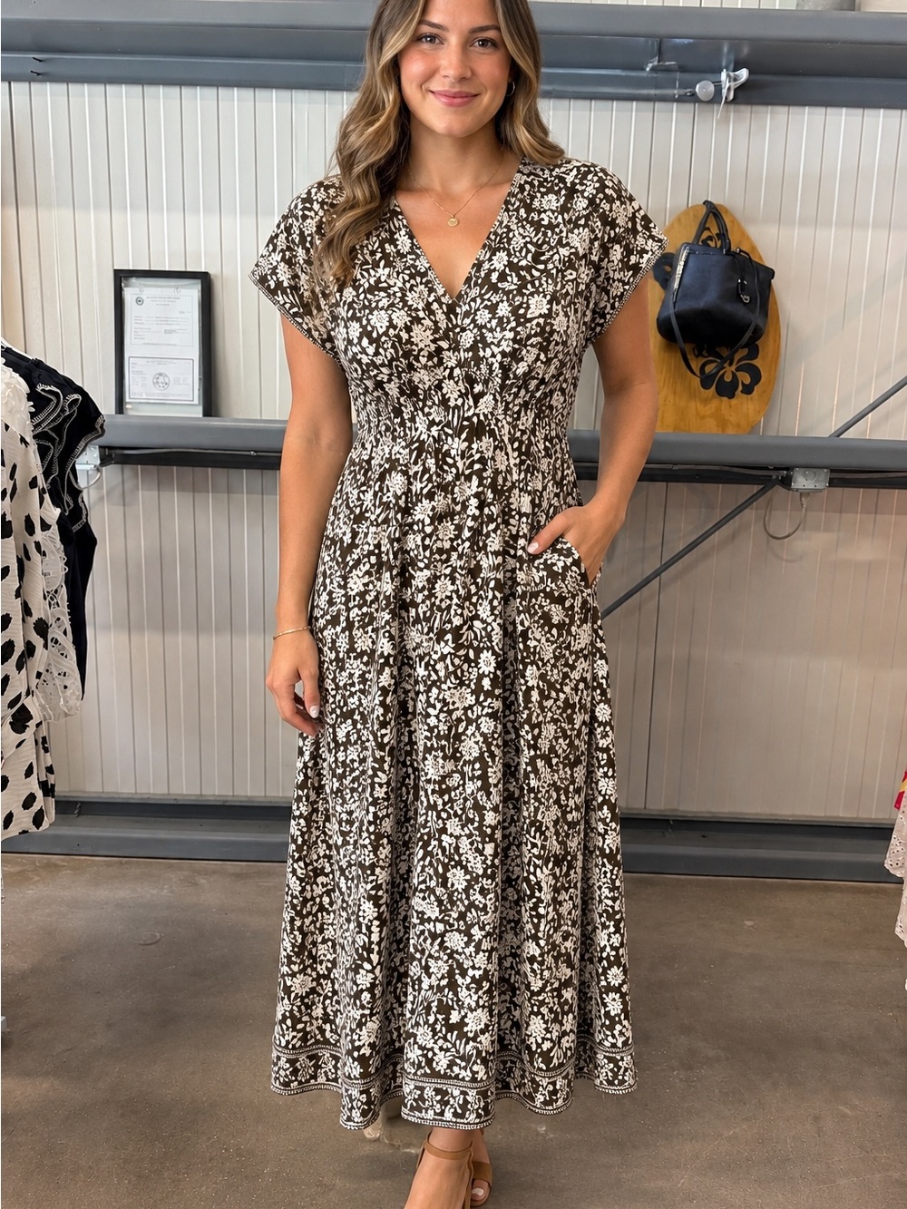 Max Studio Floral Maxi Dress in Brown & White